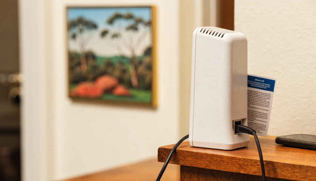 Home internet router with government notice and face-down smartphone.