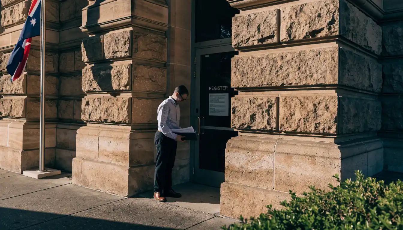 Sandstone government building with Australian flag at the entrance.